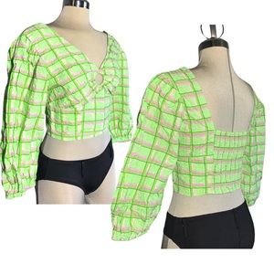 PRIMARK  Gorgeous Green and Pink Plaid 3/4 sleeves  Crop Top Size 8